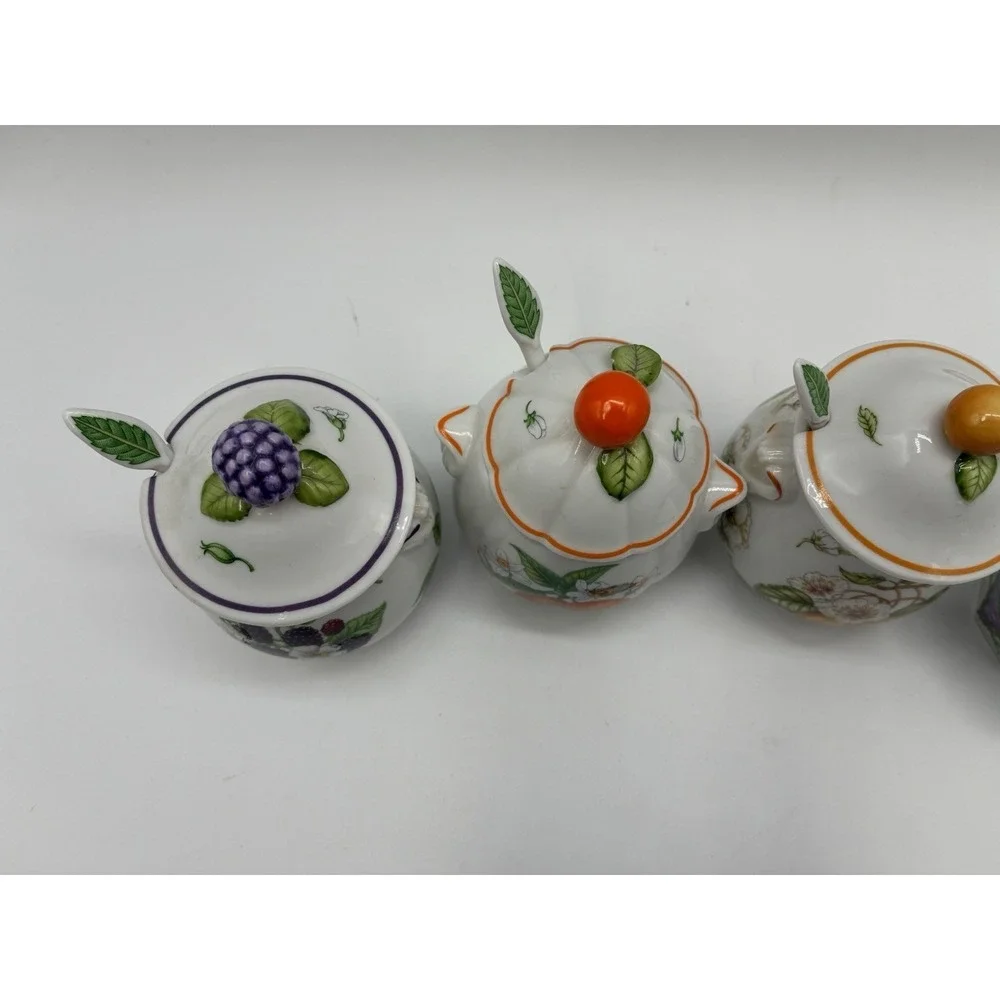 Vintage 1991 Lenox Orchard Porcelain Jam/Jelly Jars - Set of 8 with 8 spoons